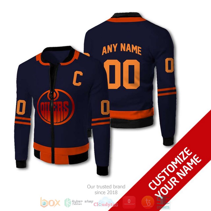 Personalized Edmonton Oilers NHL dark blue orange custom bomber jacket
