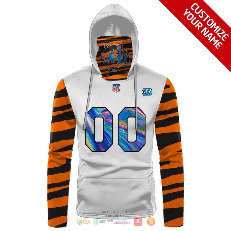 Personalized NFL Cincinnati Bengals White Orange stripe hologram hoodie mask 1