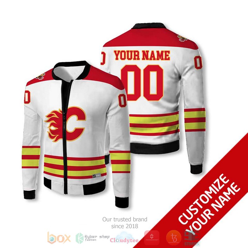 Personalized NHL Calgary Flames white red custom bomber jacket