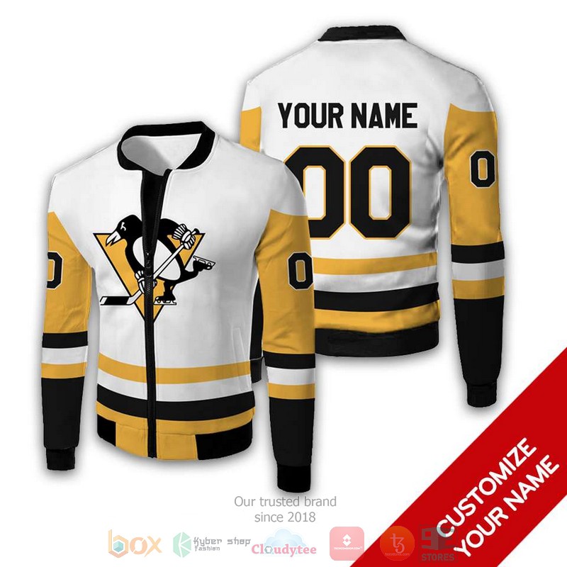 HOT NHL Pittsburgh Penguins white yellow Personalized custom bomber jacket 2 Personalized NHL Pittsburgh Penguins white yellow custom bomber jacket 1