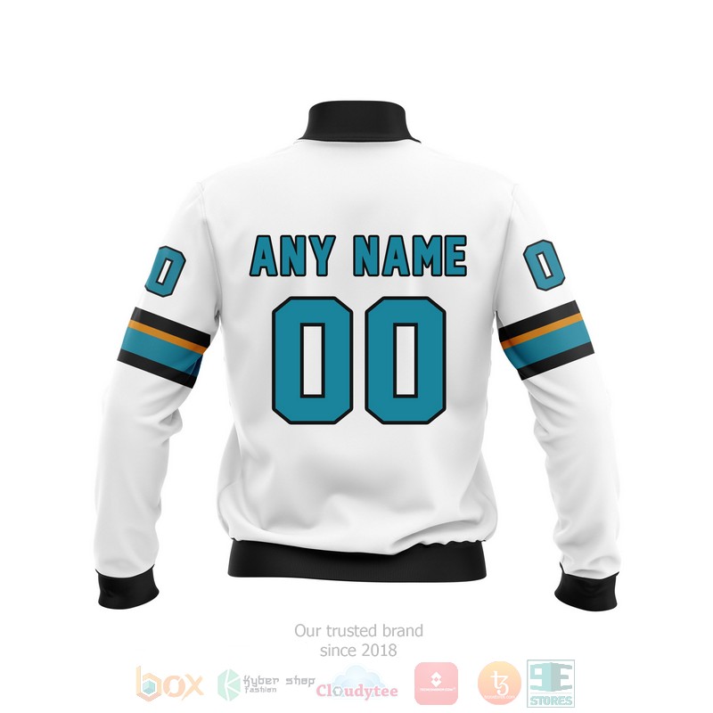 Personalized San Jose Sharks NHL white custom 3D Bomber Jacket 2 Personalized San Jose Sharks NHL white custom Bomber Jacket 1
