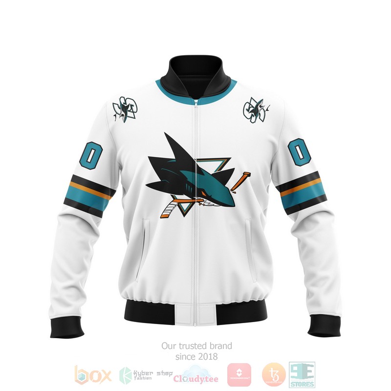 Personalized San Jose Sharks NHL white custom 3D Bomber Jacket 3 Personalized San Jose Sharks NHL white custom Bomber Jacket 1 2