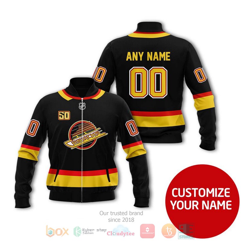 HOT Vancouver Canucks NHL Personalized custom black bomber jacket 1 Personalized Vancouver Canucks NHL custom black bomber jacket