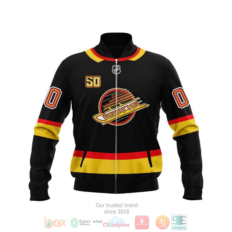 HOT Vancouver Canucks NHL Personalized custom black bomber jacket 3 Personalized Vancouver Canucks NHL custom black bomber jacket 1 2