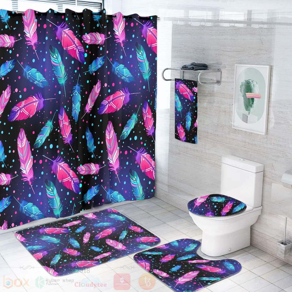 Pink Blue Feathers Bathroom Set