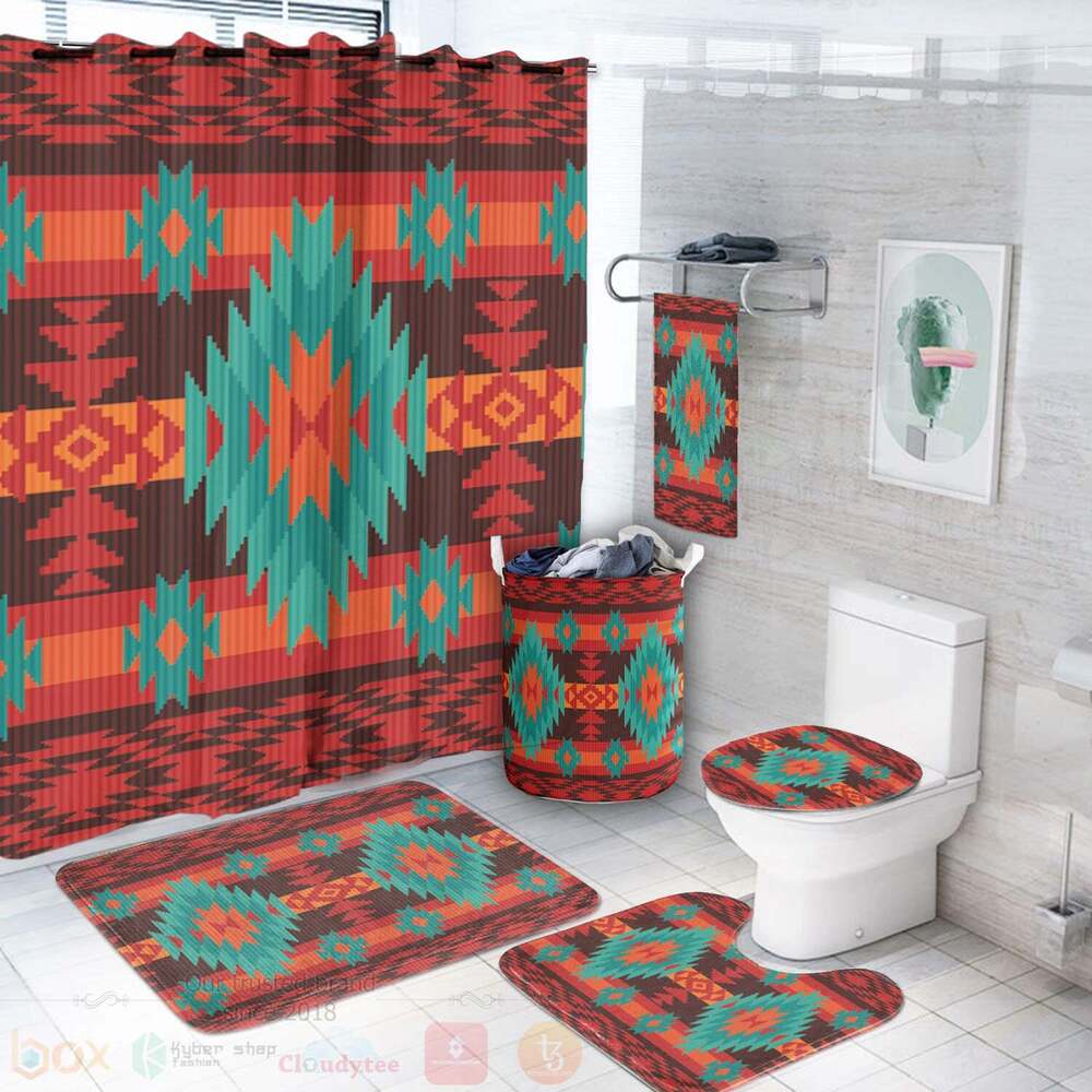Red Geometric Pattern Bathroom Set
