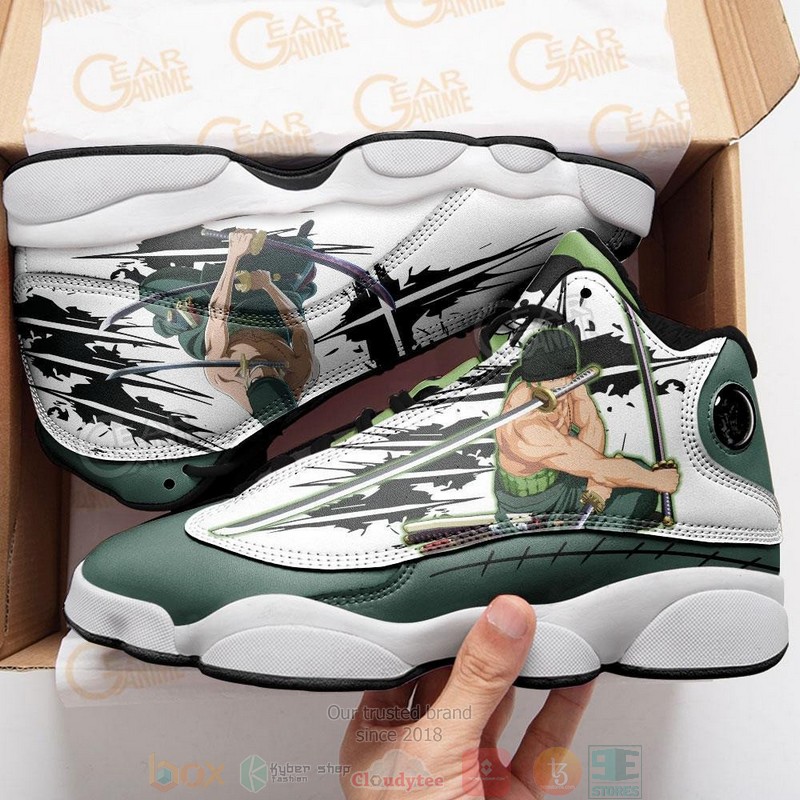 Roronoa Zoro Anime One Piece Air Jordan 13 Sneaker Shoes 3 Roronoa Zoro Anime One Piece Air Jordan 13 Shoes 1 2