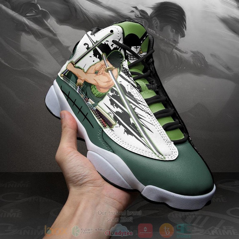 Roronoa Zoro Anime One Piece Air Jordan 13 Sneaker Shoes 4 Roronoa Zoro Anime One Piece Air Jordan 13 Shoes 1 2 3