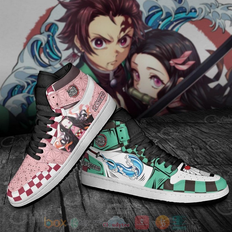 Tanjiro and Nezuko Demon Slayer Anime pink green Air Jordan high top Sneaker Shoes 3 Tanjiro and Nezuko Demon Slayer Anime pink green Air Jordan high top shoes 1 2