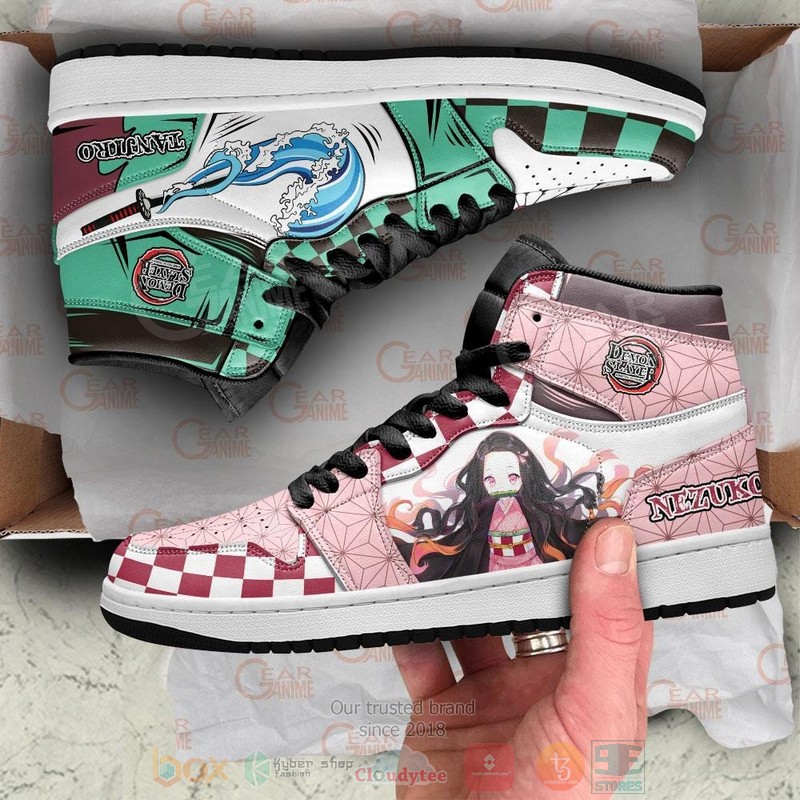 Tanjiro and Nezuko Demon Slayer Anime pink green Air Jordan high top Sneaker Shoes 4 Tanjiro and Nezuko Demon Slayer Anime pink green Air Jordan high top shoes 1 2 3