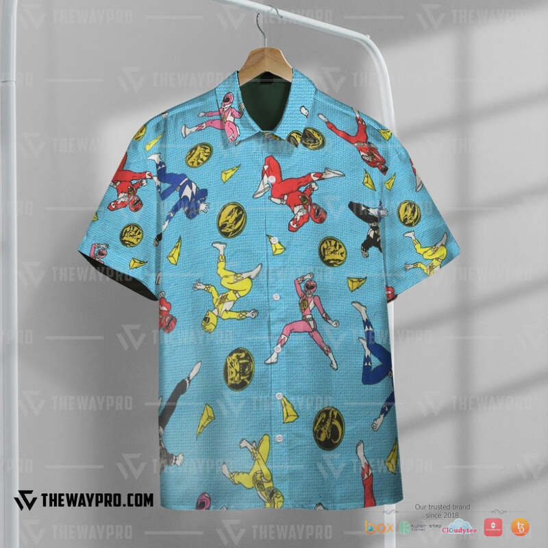 Vintage Mighty Morphin Power Rangers light blue Hawaiian shirt, short 8 Vintage Mighty Morphin Power Rangers light blue Hawaiian shirt short