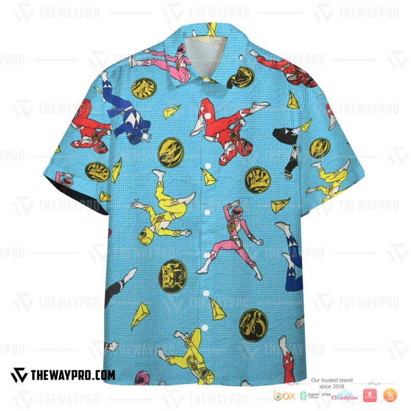 Vintage Mighty Morphin Power Rangers light blue Hawaiian shirt, short 2 Vintage Mighty Morphin Power Rangers light blue Hawaiian shirt short 1
