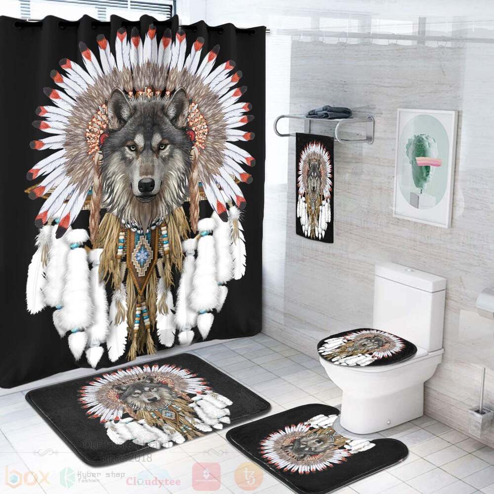 Wolf With Feather Headdress Bathroom Set