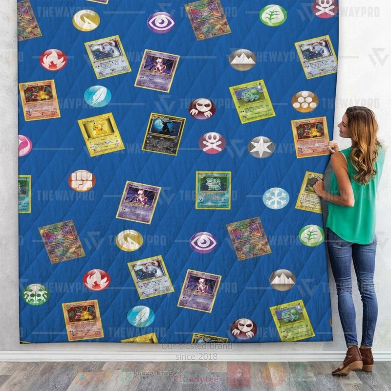 Anime Pokemon Cards And Elements Custom Quilt