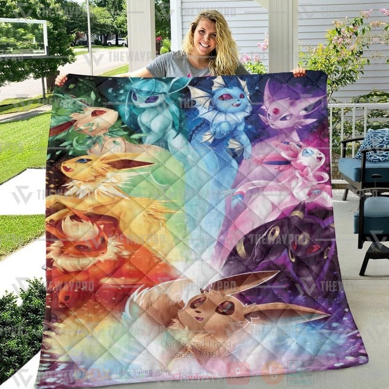 BEST Anime Pokemon Eevee Rainbow Quilted Fabric 3 Anime Pokemon Eevee Rainbow Custom Quilt 1 2