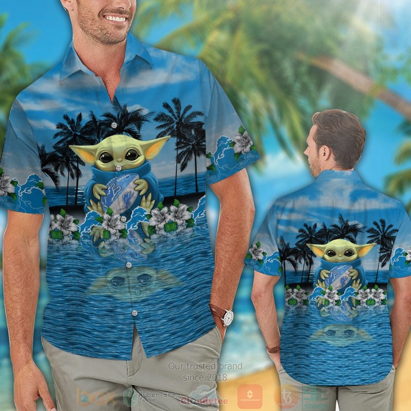 HOT Baby Yoda Detroit Lions hawaiian shirt and shorts 2 Baby Yoda Detroit Lions hawaiian shirt and shorts 1