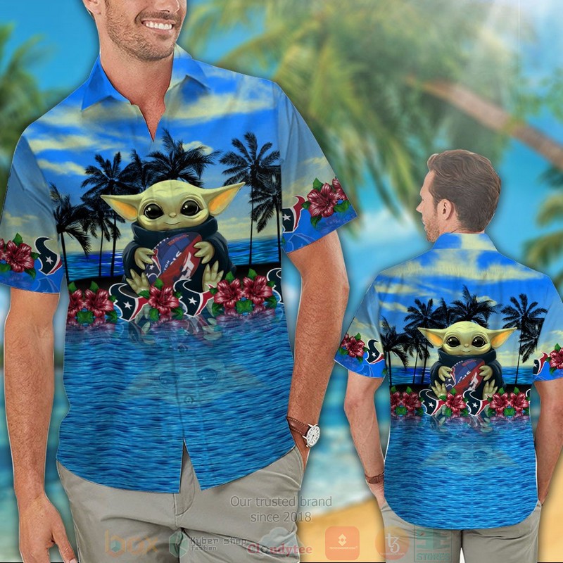 HOT Baby Yoda hug Houston Texans hawaiian shirt 2 Baby Yoda hug Houston Texans hawaiian shirt 1