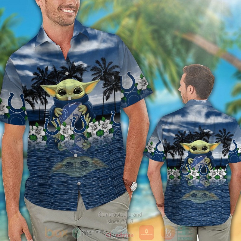 HOT Baby Yoda hug Indianapolis Colts hawaiian shirt and shorts 2 Baby Yoda hug Indianapolis Colts hawaiian shirt and shorts 1