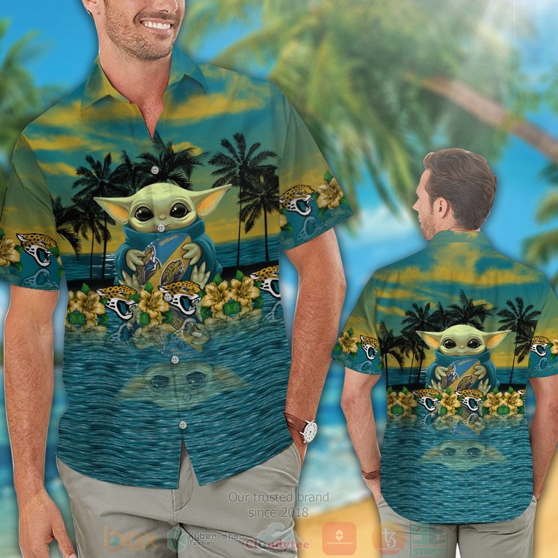 HOT Baby Yoda hug Jacksonville Jaguars hawaiian shirt and shorts 2 Baby Yoda hug Jacksonville Jaguars hawaiian shirt and shorts 1