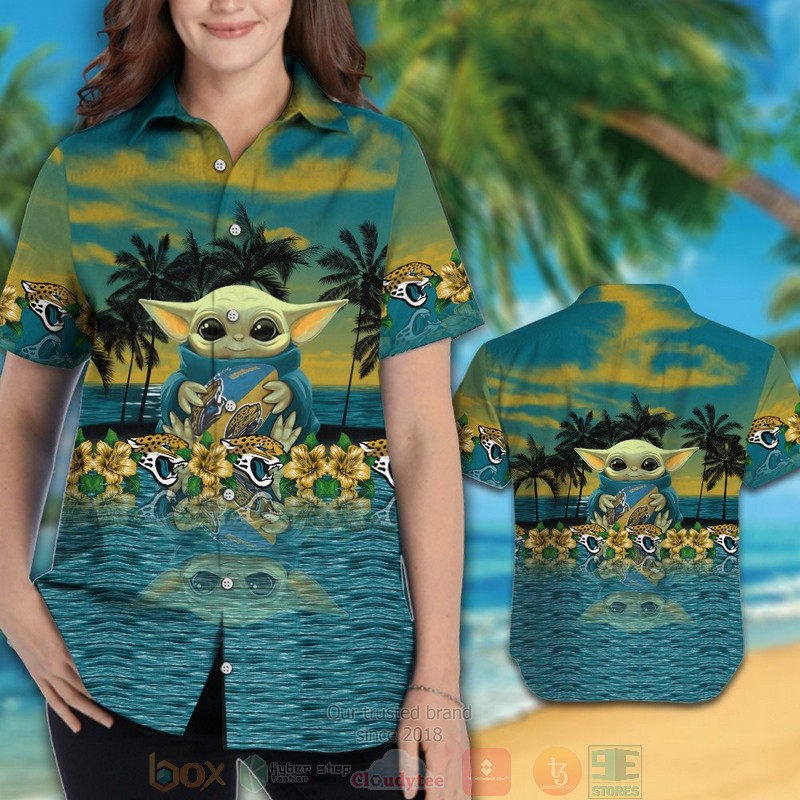 HOT Baby Yoda hug Jacksonville Jaguars hawaiian shirt and shorts 3 Baby Yoda hug Jacksonville Jaguars hawaiian shirt and shorts 1 2