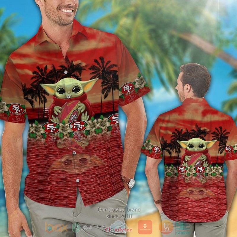 HOT Baby Yoda hug San Francisco 49ers hawaiian shirt and shorts 2 Baby Yoda hug San Francisco 49ers hawaiian shirt and shorts 1