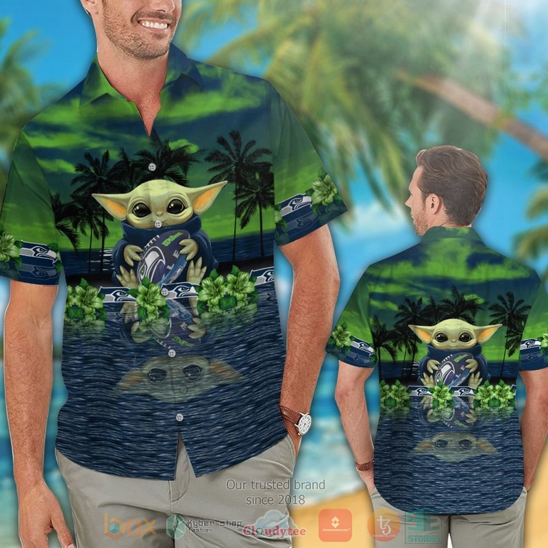 HOT Baby Yoda hug Seattle Seahawks hawaiian shirt and shorts 2 Baby Yoda hug Seattle Seahawks hawaiian shirt and shorts 1