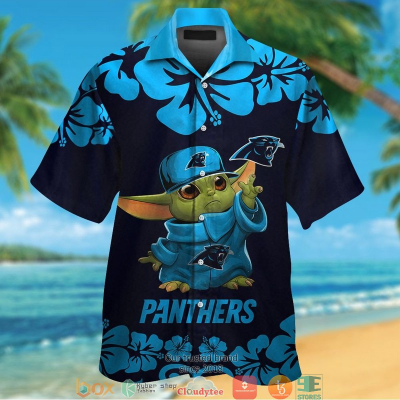 Carolina Panthers Baby Yoda Hibiscus Hawaiian Shirt short