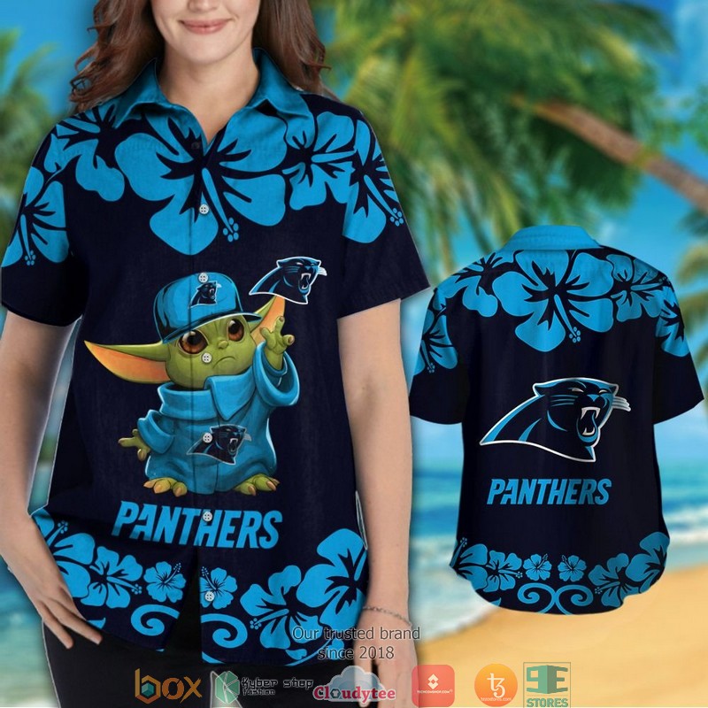 Carolina Panthers Baby Yoda Hibiscus Hawaiian Shirt, short 3 Carolina Panthers Baby Yoda Hibiscus Hawaiian Shirt short 1 2