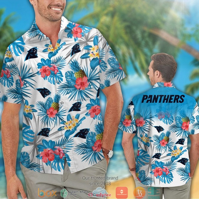 Carolina Panthers Pineapple Hibisucs Hawaiian shirt, short 2 Carolina Panthers Pineapple Hibisucs Hawaiian shirt short 1