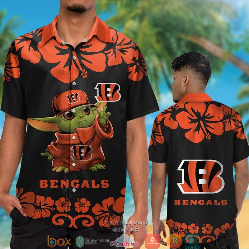Cincinnati Bengals Baby Yoda Orange Hibiscus Hawaiian Shirt short 1