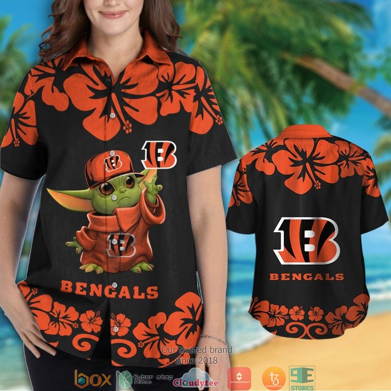 Cincinnati Bengals Baby Yoda Orange Hibiscus Hawaiian Shirt, short 3 Cincinnati Bengals Baby Yoda Orange Hibiscus Hawaiian Shirt short 1 2