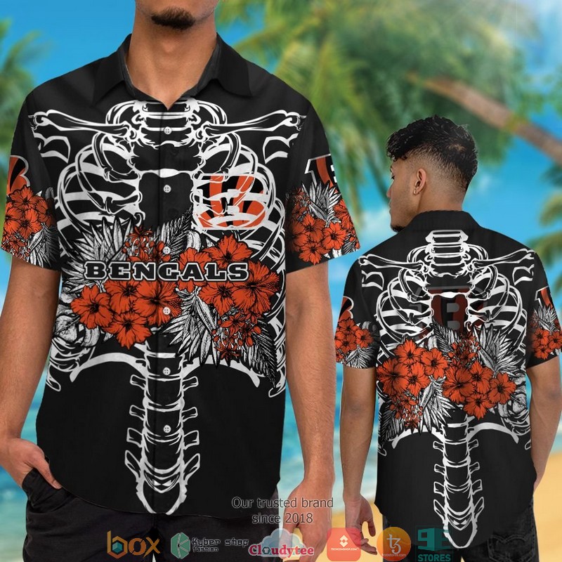Cincinnati Bengals backbone hibiscus Hawaiian Shirt, short 2 Cincinnati Bengals backbone hibiscus Hawaiian Shirt short 1