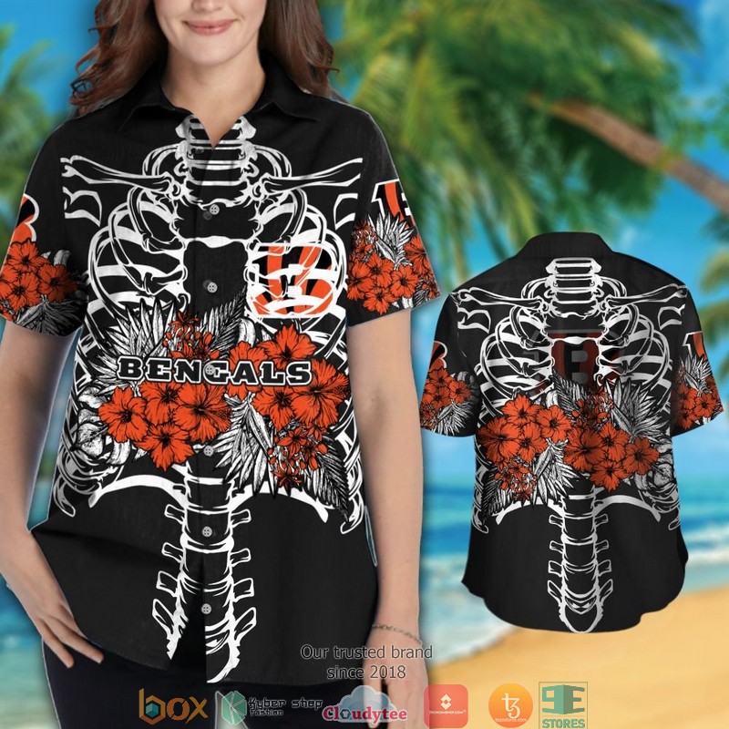 Cincinnati Bengals backbone hibiscus Hawaiian Shirt, short 3 Cincinnati Bengals backbone hibiscus Hawaiian Shirt short 1 2