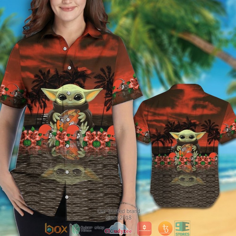 Cleveland Browns Baby Yoda Hawaiian Shirt, short 3 Cleveland Browns Baby Yoda Hawaiian Shirt short 1 2
