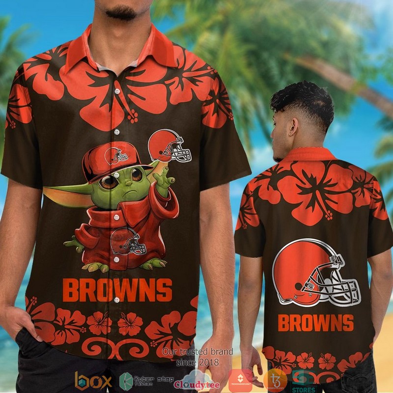 Cleveland Browns Baby Yoda Hibiscus Orange Hawaiian Shirt short 1