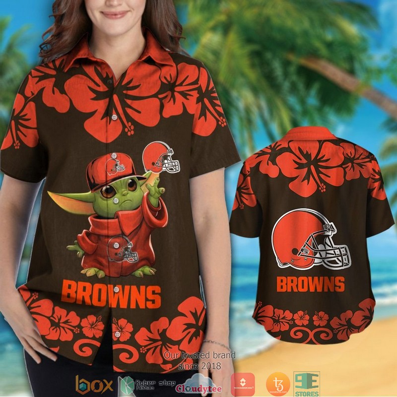 Cleveland Browns Baby Yoda Hibiscus Orange Hawaiian Shirt, short 3 Cleveland Browns Baby Yoda Hibiscus Orange Hawaiian Shirt short 1 2