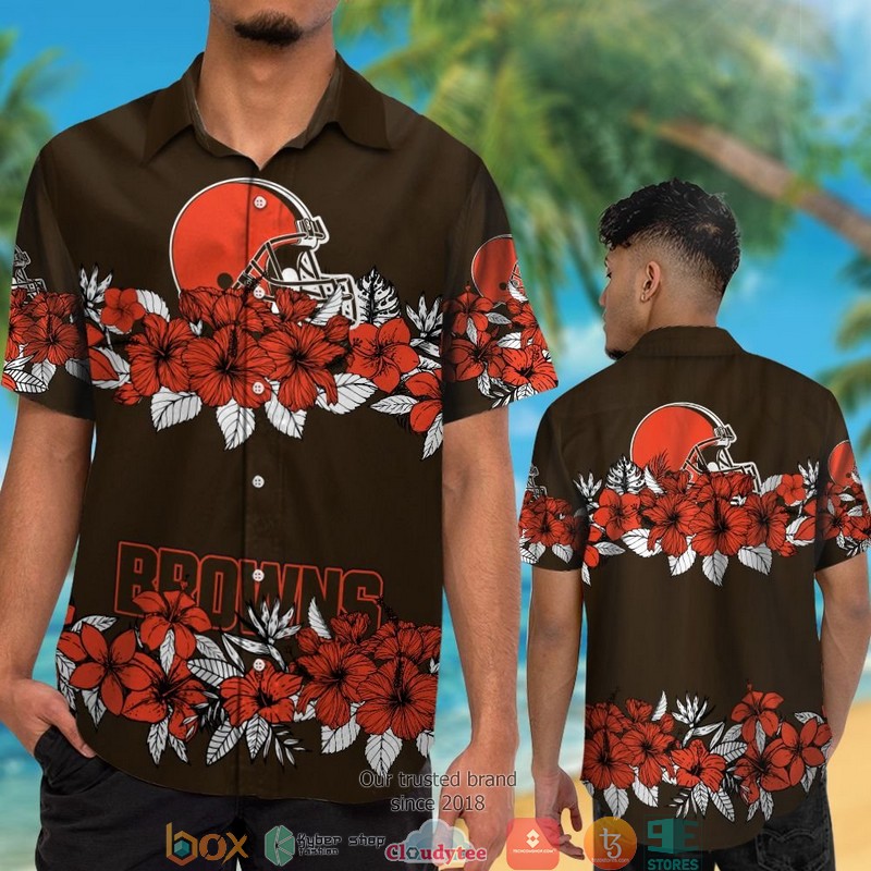 Cleveland Browns Hibiscus Flower Line Hawaiian Shirt short 1