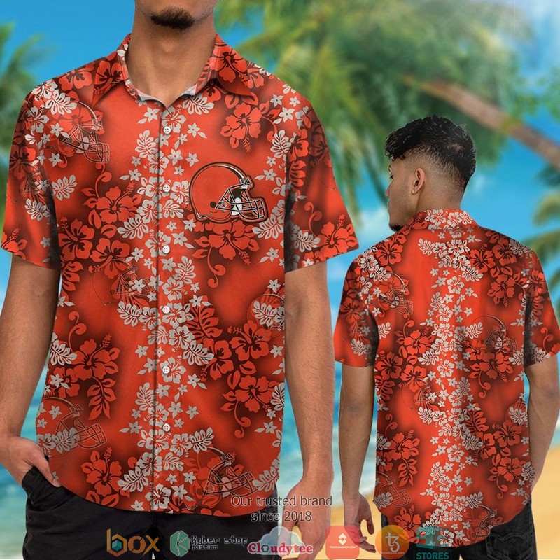 Cleveland Browns Hibiscus Flower pattern Orange Hawaiian Shirt short 1
