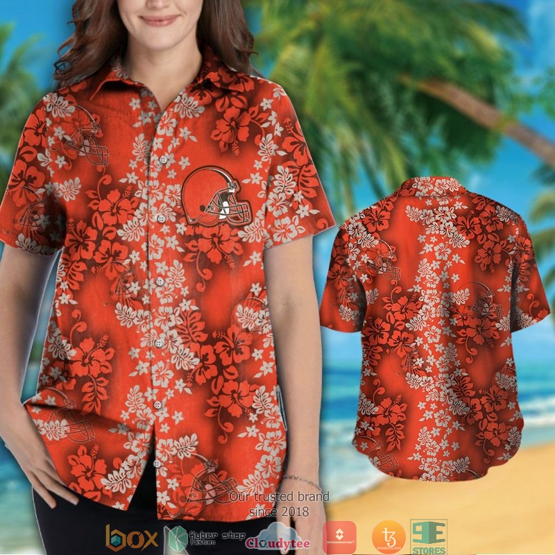 Cleveland Browns Hibiscus Flower pattern Orange Hawaiian Shirt, short 3 Cleveland Browns Hibiscus Flower pattern Orange Hawaiian Shirt short 1 2