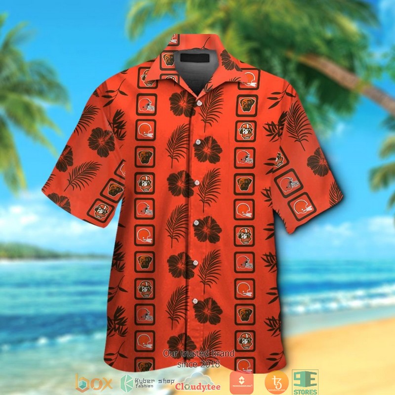 Cleveland Browns Hibiscus Leaf Square pattern Hawaiian Shirt, short 1 Cleveland Browns Hibiscus Leaf Square pattern Hawaiian Shirt short