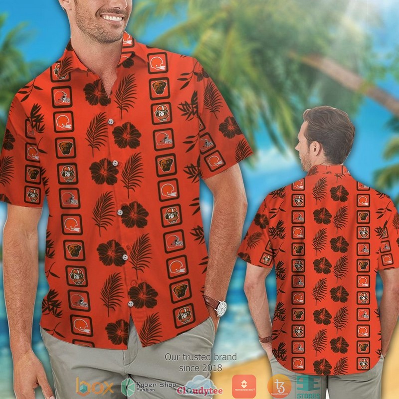 Cleveland Browns Hibiscus Leaf Square pattern Hawaiian Shirt, short 2 Cleveland Browns Hibiscus Leaf Square pattern Hawaiian Shirt short 1