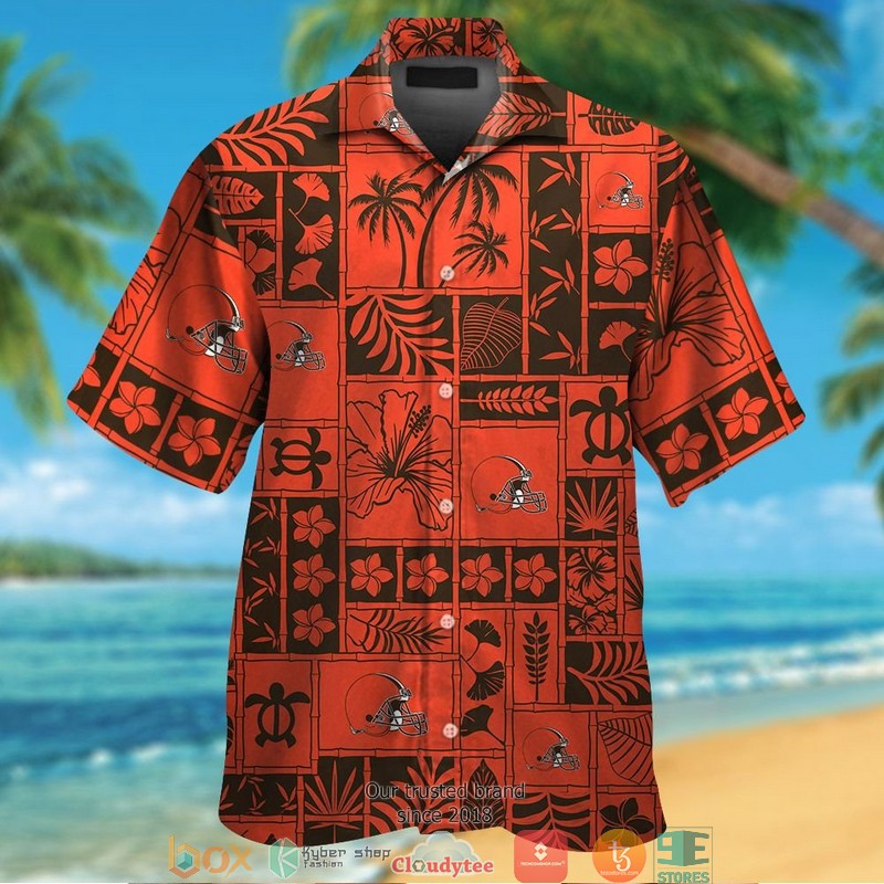 Cleveland Browns Hibiscus Leaf ocean square pattern Orange Hawaiian Shirt short