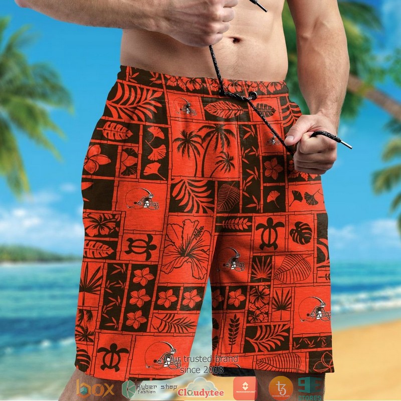 Cleveland Browns Hibiscus Leaf ocean square pattern Orange Hawaiian Shirt short 1 2 3 4