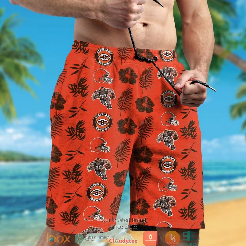 Cleveland Browns Hibiscus Leaf pattern Orange Hawaiian Shirt short 1 2 3 4