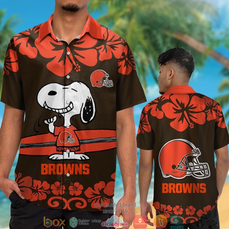 Cleveland Browns Snoopy Hibiscus Orange Hawaiian Shirt short 1