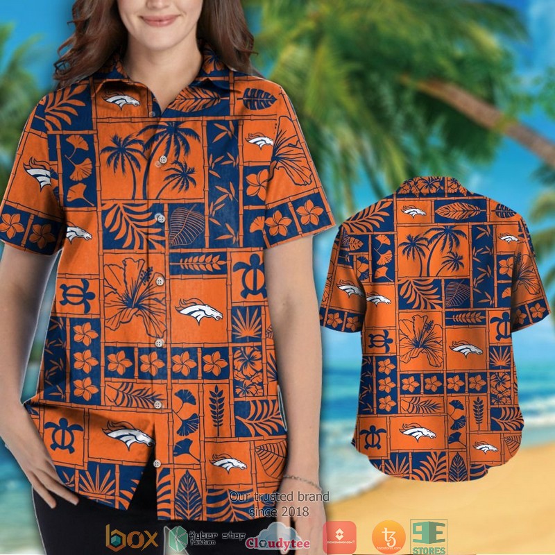 Denver Broncos Hibiscus coconut ocean square pattern Hawaiian Shirt short 1 2