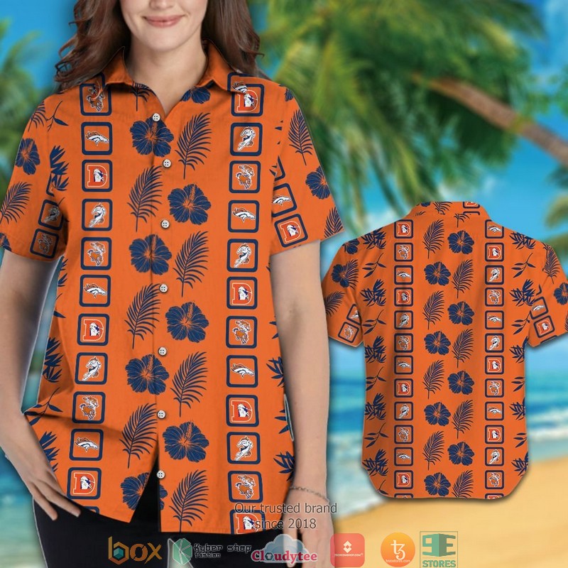 Denver Broncos Hibiscus leaf Square pattern Hawaiian Shirt, short 3 Denver Broncos Hibiscus leaf Square pattern Hawaiian Shirt short 1 2