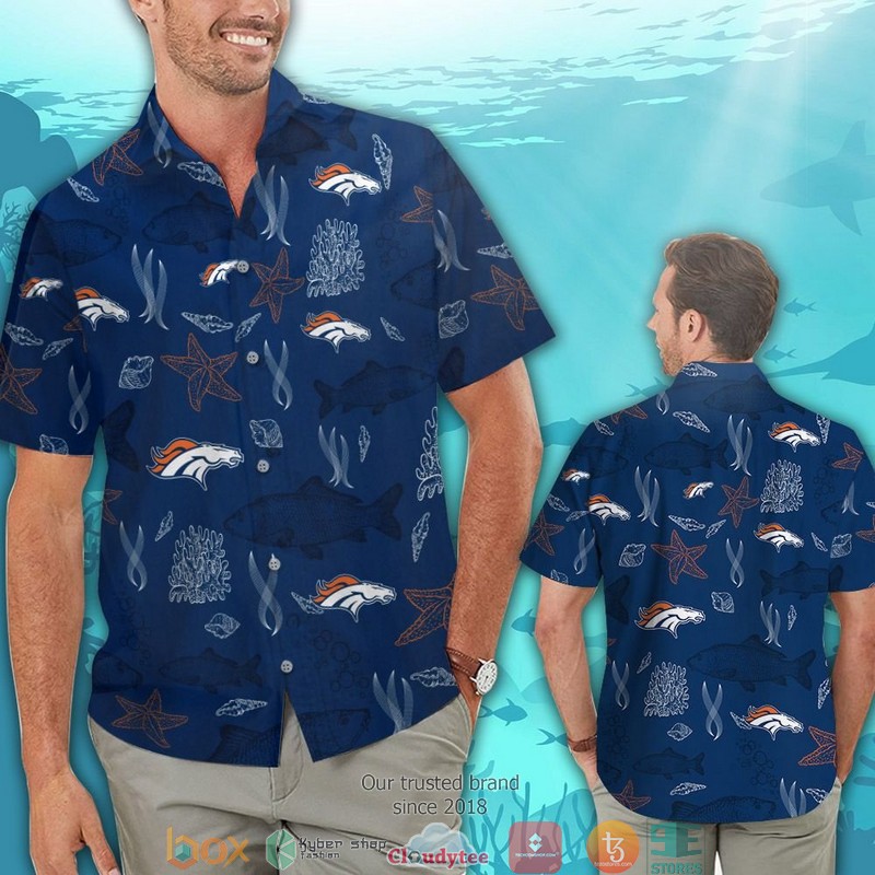 Denver Broncos fish ocean pattern Hawaiian Shirt, short 2 Denver Broncos fish ocean pattern Hawaiian Shirt short 1