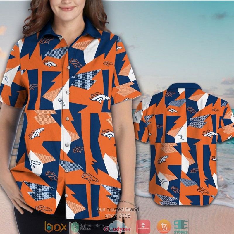 Denver Broncos navy orange pattern Hawaiian Shirt, short 3 Denver Broncos navy orange pattern Hawaiian Shirt short 1 2