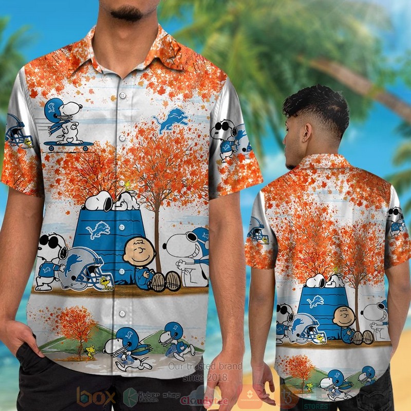 HOT Detroit Lions Snoopy Charlie Brown Autumn hawaiian shirt and shorts 2 Detroit Lions Snoopy Charlie Brown Autumn hawaiian shirt and shorts 1